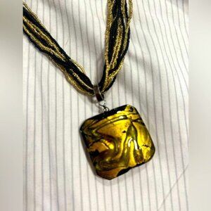 Black & Gold Art Stone Pendant Necklace